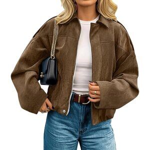 Women's Faux Suede Jackets Fall Coat Clothes Open Front Cropped Jacket Brown